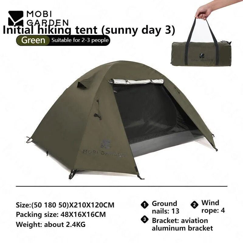 MOBI GARDEN SUNNY DAY Hiking Tent Oudoor 2-4 Person Portable Folding Ultralight 3 Season Waterproof Windproof Silver Coated Sunscreen Camping Outdoor Travel Picnic Backpacking Trips Sunny Tent Heavy Duty Original MobiGarden