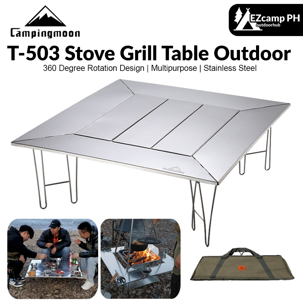 Campingmoon T-503 Stove Grill Table Outdoor Portable Multifunction Stainless Steel Fireplace Folding Gathering Barbecue Table Detachable Board Camping Hiking Picnic Beach Travel Heavy Duty Original Camping Moon