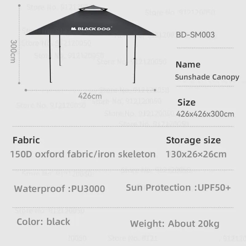 BLACKDOG Black Square Shade Canopy Tent Portable Folding Awning Pergola Vinyl Coated Waterproof UPF50+ Sunscreen 22m² Extra Large Shade Space Outdoor Heavy Duty Foldable Umbrella Gathering Car Camping Adjustable Height Heavy Duty Original Black Dog