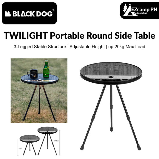 BLACKDOG by Naturehike TWILIGHT Portable Round Side Table Height Adjustable 3-Legged Stable Telescopic Tripod Structure 20kg Max Load Coffee Tea Outdoor Camping Folding Ultralight Aluminum PE Acrylic Black Dog Nature Hike