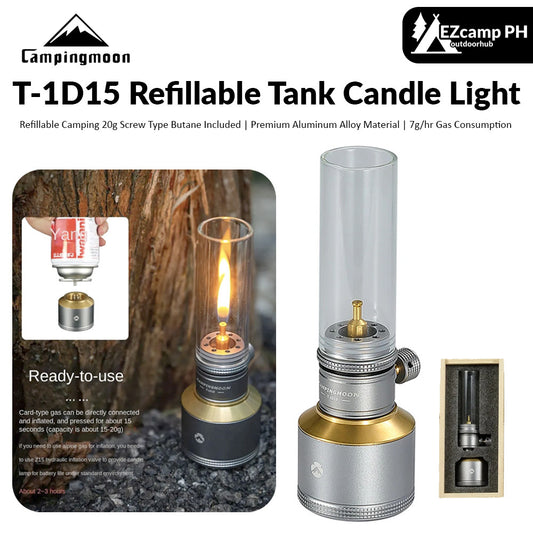 CAMPINGMOON T-1D15 Refillable Gas Tank Candle Lamp Light with Premium Aluminum Screw Type Camping Butane 20g Refill Canister Multiple Use to Outdoor Lantern Stove Torch Camping Moon