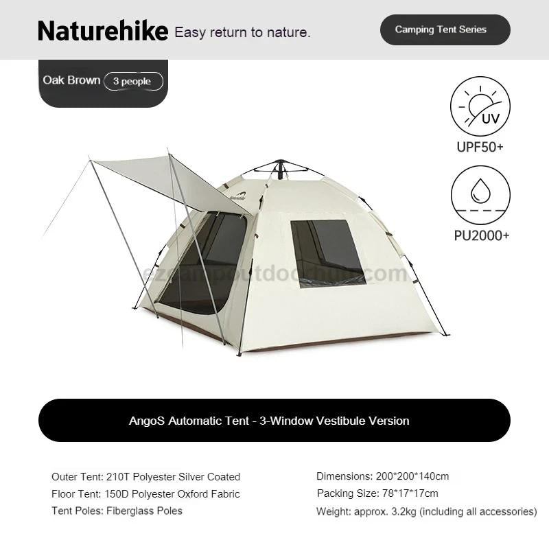 Naturehike ANGO S Fast Automatic Tent 3 Persons Multiple Combination Spacious Interior Waterproof 210T Silver Coated Sunscreen With Optional Canopy