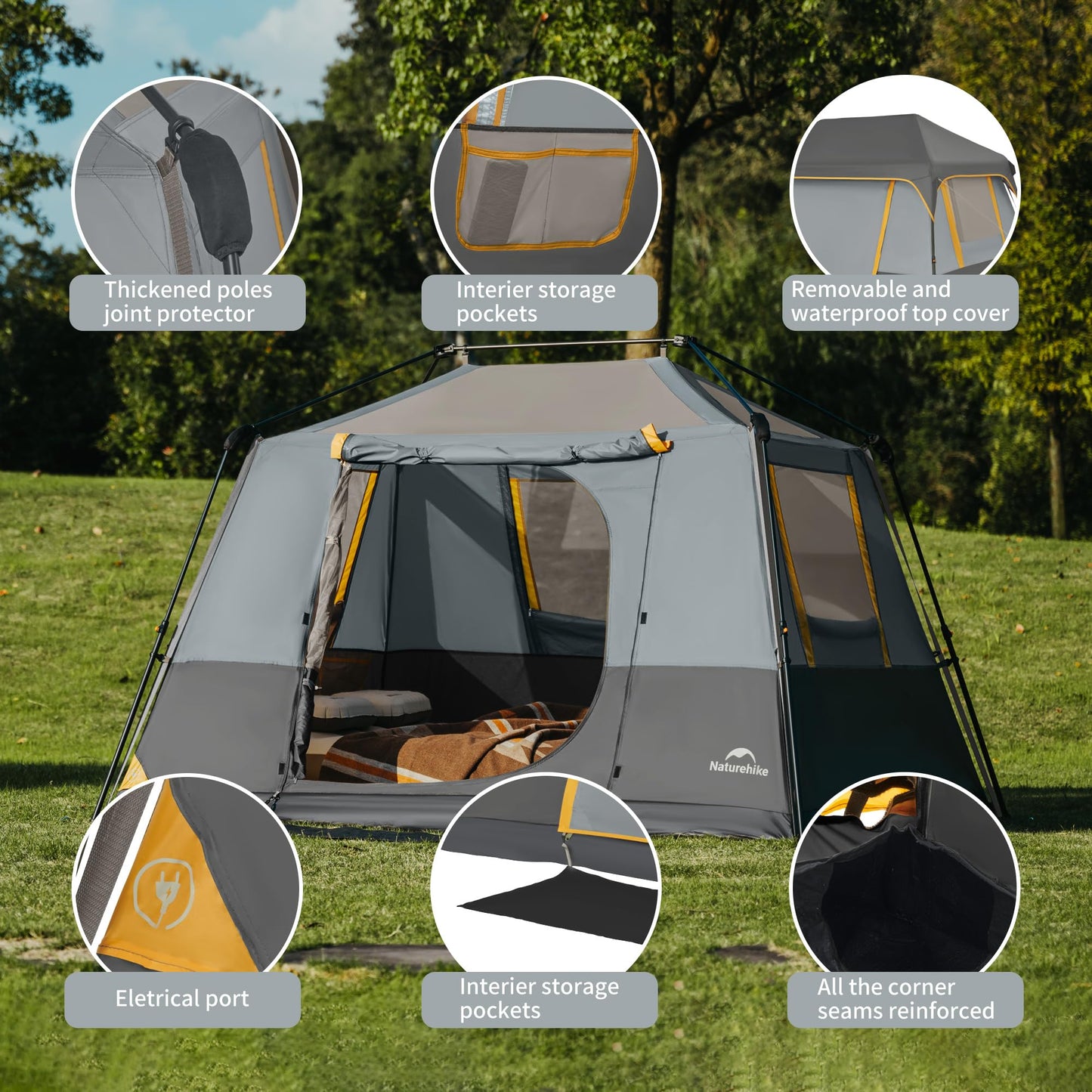 Naturehike CAPE Series 5.2 Fast Automatic Cabin Tent for up to 4 Person Outdoor Camping Quick Build Pop up Instant Tent Large 5.2m² Interior Space