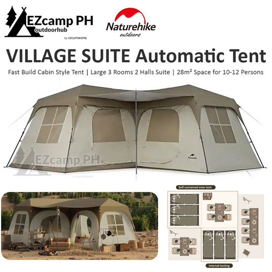 Naturehike VILLAGE Series SUITE Automatic Fast Build 3 Rooms 2 Hall Extra Large Villa Cabin Style Glamping Tent Waterproof 28m² Space for 12 Persons