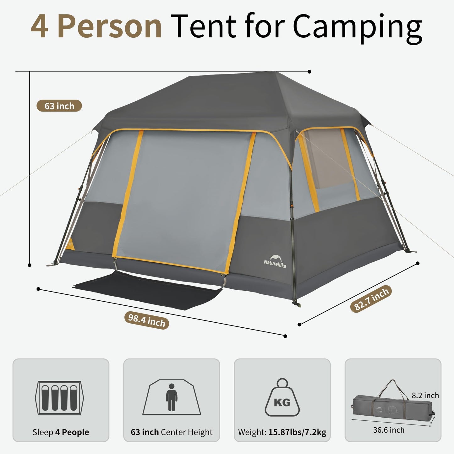 Naturehike CAPE Series 5.2 Fast Automatic Cabin Tent for up to 4 Person Outdoor Camping Quick Build Pop up Instant Tent Large 5.2m² Interior Space