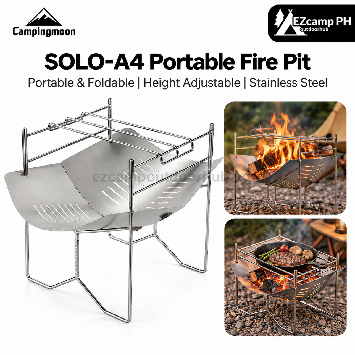 Campingmoon SOLO-A4 Portable Fire Pit Camping Bonfire BBQ Grill Stainless Steel Firewood Burner