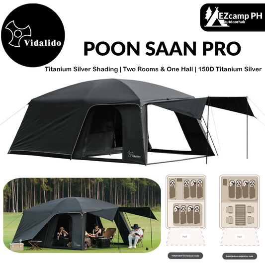 Vidalido POON SAAN PRO Portable 8-10 Person Banshan Villa Extra Large Semi-Automatic Cabin Style Black Tent Outdoor Camping 15m² Interior Space 2 Bedroom Waterproof 150D Titanium Silver Coated Sunscreen