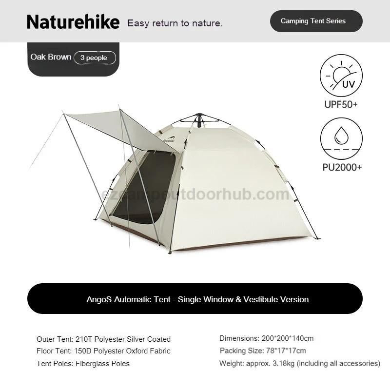 Naturehike ANGO S Fast Automatic Tent 3 Persons Multiple Combination Spacious Interior Waterproof 210T Silver Coated Sunscreen With Optional Canopy