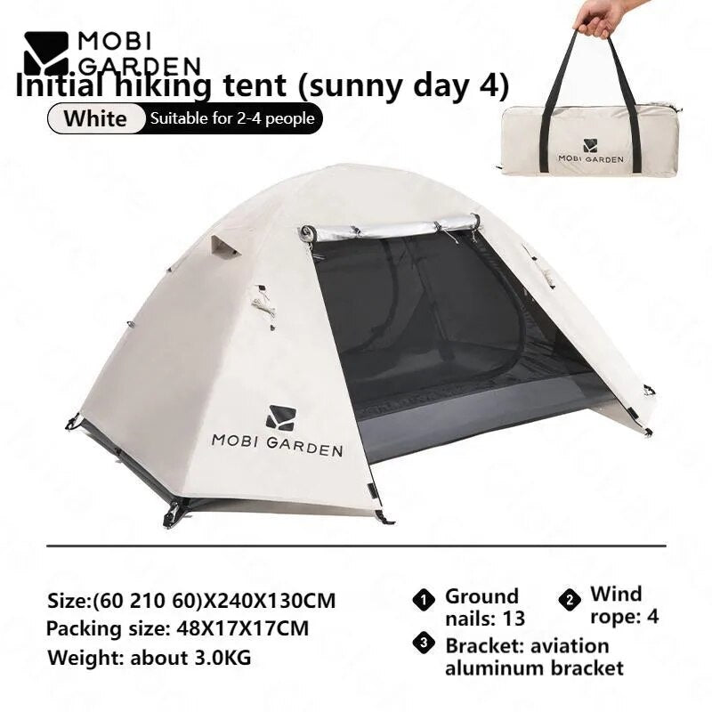 MOBI GARDEN SUNNY DAY Hiking Tent Oudoor 2-4 Person Portable Folding Ultralight 3 Season Waterproof Windproof Silver Coated Sunscreen Camping Outdoor Travel Picnic Backpacking Trips Sunny Tent Heavy Duty Original MobiGarden