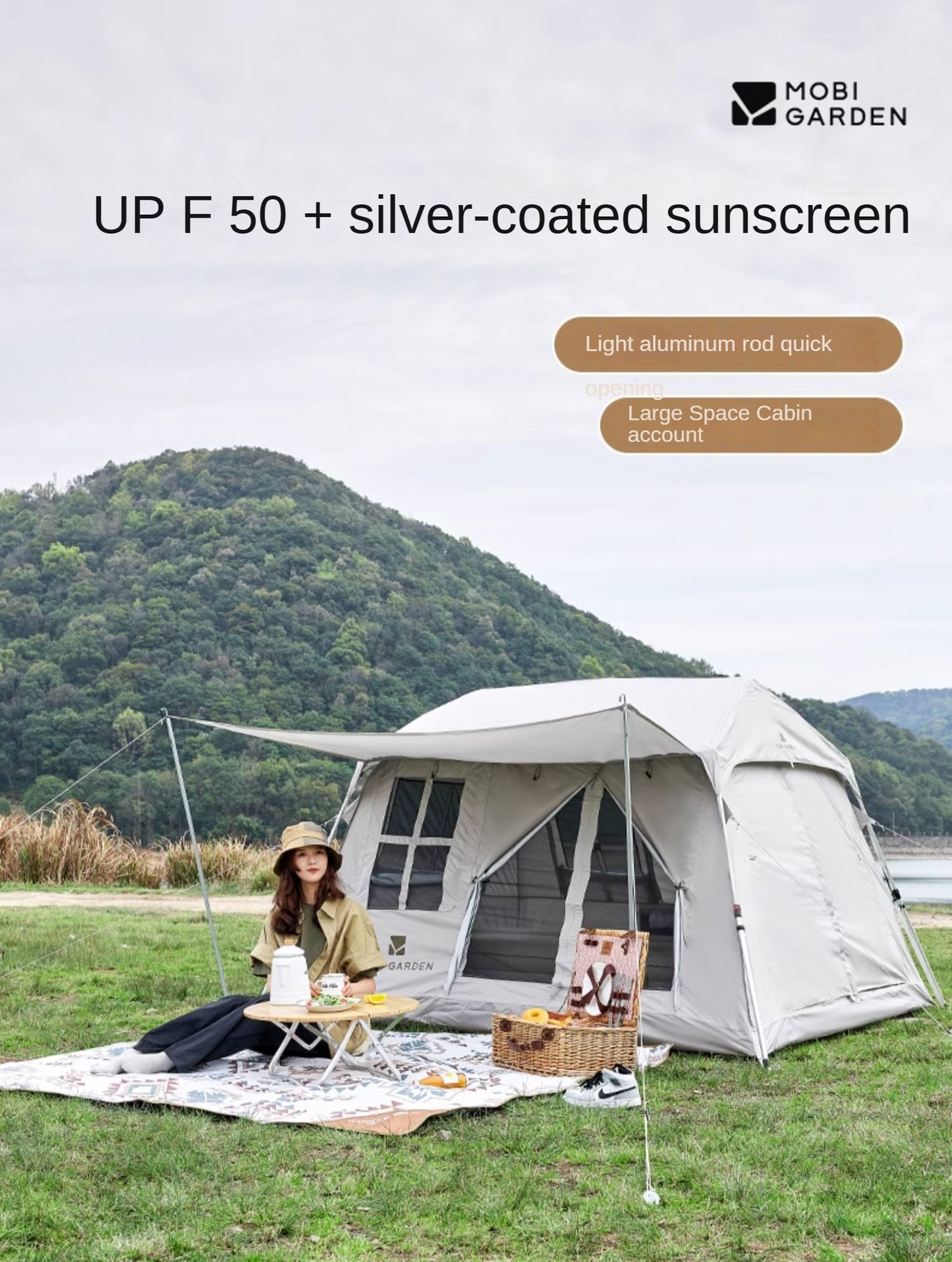 Mobi Garden HOLIDAY Series 5.0 Fast Automatic Cabin Style Tent for 3-4 Person Waterproof Silver Coated Sunscreen Quick Open Outdoor Camping Tent Mobigarden village 5 Mountain Residence