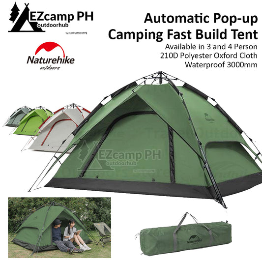 Naturehike Automatic Pop Up Camping Tent Fast Quick Build 3 and 4 Person Dome Style 210D Polyester Waterproof 3000mm Instant Auto Outdoor Shelter Nature Hike Original Heavy Duty