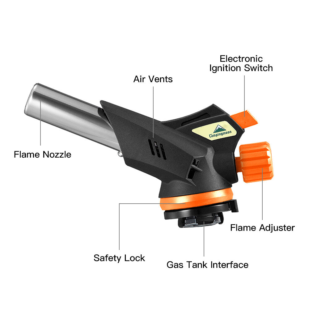 CAMPINGMOON MT-2915 Gas Butane Blow Torch Flame Gun Set With Electronic Ignition Copper Stainless Steel Nozzle Type Fuel Canister High Power Burner