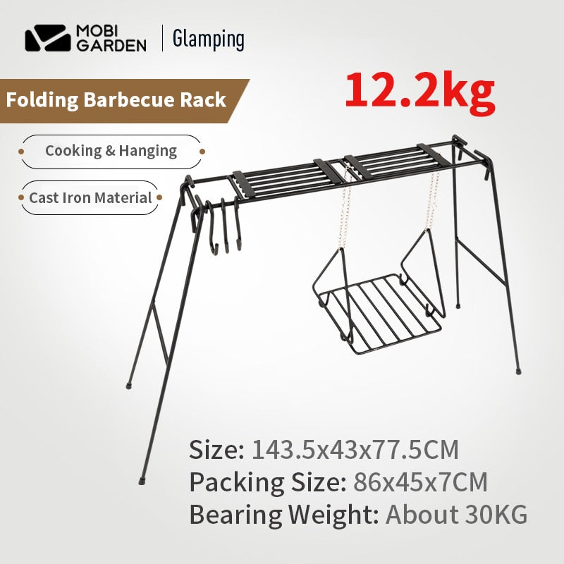 Mobi Garden Cast Iron Outdoor BBQ Hanging Pot Cookware Kitchenware Utensil Rack Large Shelf Camping Multifunctional Grill Cooking Barbecue Shelves Portable Foldable Folding Storage Design Mobigarden