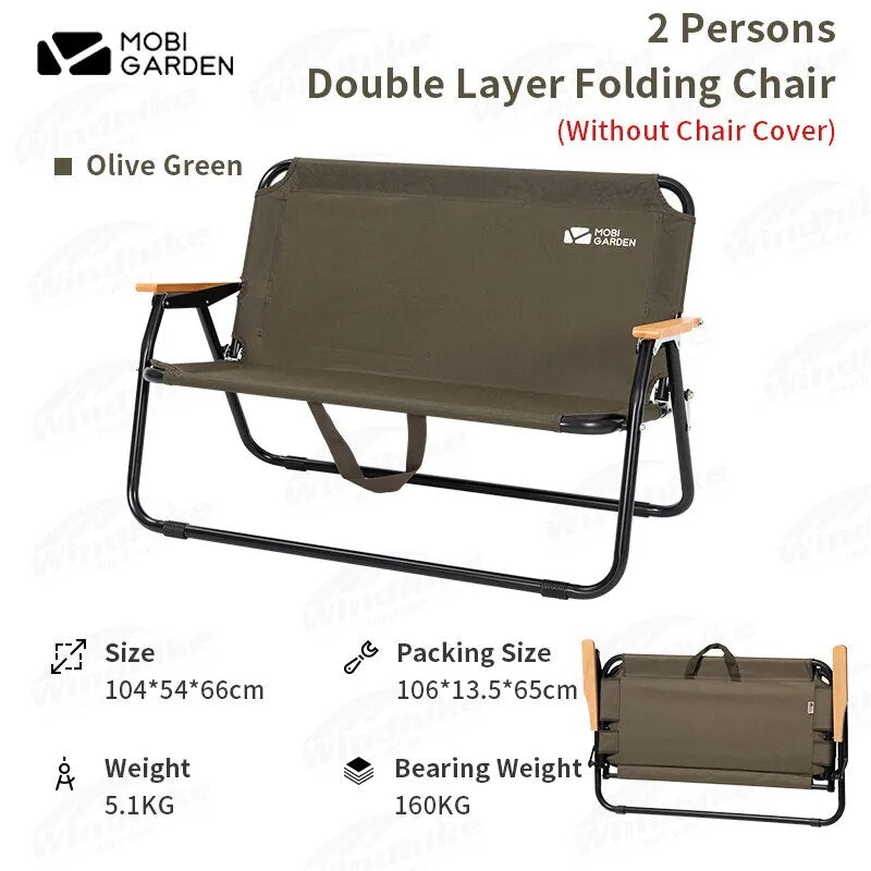 MOBI GARDEN Exquisite Outdoor Camping Kermit Chair 1-2 Persons Portable Folding Single Double Leisure Lazy Chair  Double Handrail Aluminum Alloy Bracket Backrest Armchair Travel Picnic Fishing Hiking Heavy Duty Original MobiGarden