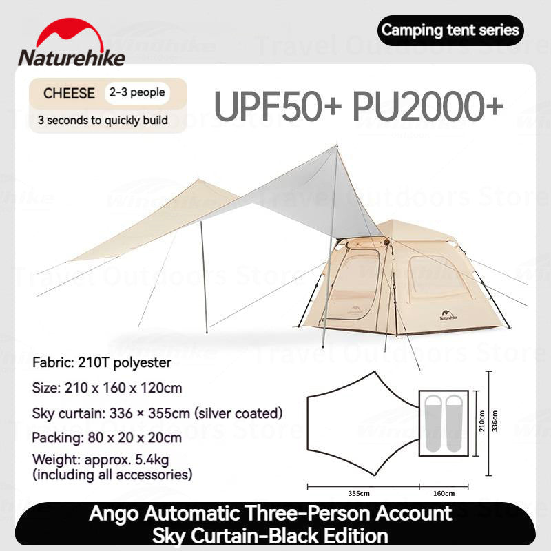 Naturehike ANGO Fast Automatic Tent Detachable Canopy Awning Tarp For 1 to 3 Persons Quick Open Camping Tent Sunshade Tarp All-In-One Pop Up Family For Outdoor Beach Garden Hiking Nature hike