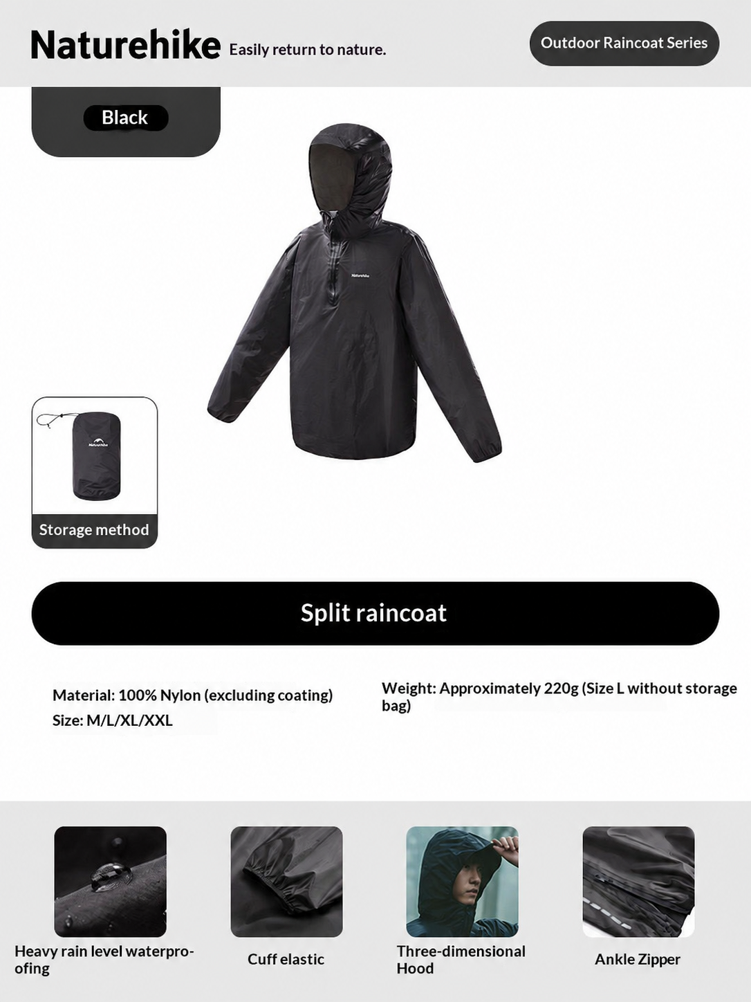 Naturehike Black Raincoat Portable Foldable Nylon Hooded Elastic Rain Jacket Storm Protection Waterproof Outdoor Camping Hiking Travel