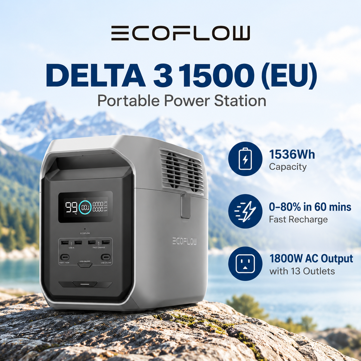 Ecoflow DELTA 3 1500 Power Station INT Portable Home Battery Backup Charging 100% In 1.5 Hours 1800W Up To 2200W With X-Boost Energy Storage