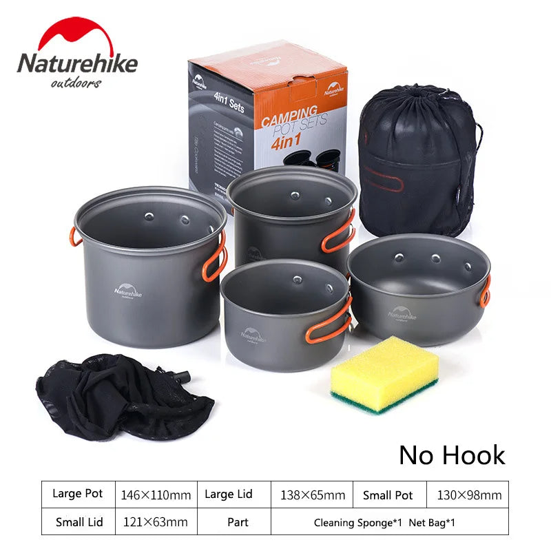 Naturehike 4 in 1 Portable Outdoor Camping Cookware Pot Pan Set Camp Picnic Aluminum Alloy Cooking Ware Tableware and Utensils Kit Ultralight Cook Kaldero Nature Hike