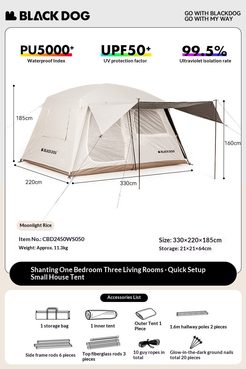 Blackdog MOUNT HAVEN 6.8 Cabin Style Black Tent Large 19.2m² Space for 4-5 Person Titanium Black Coated Waterproof shanting