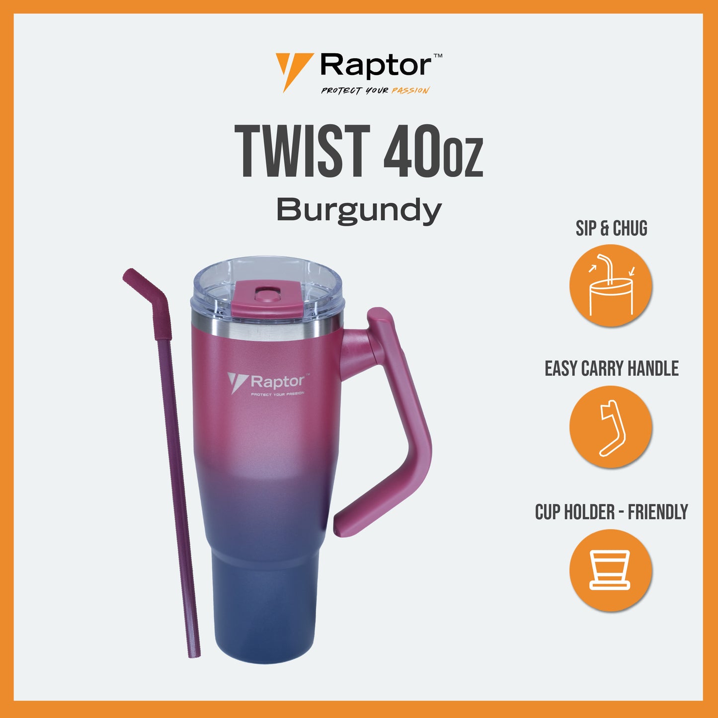 Raptor TWIST 40oz Tumbler Unique Rotating Handle Double-Wall Vacuum Insulation Cup Holder-Friendly Design Rust-Resistant Durability Drinkware