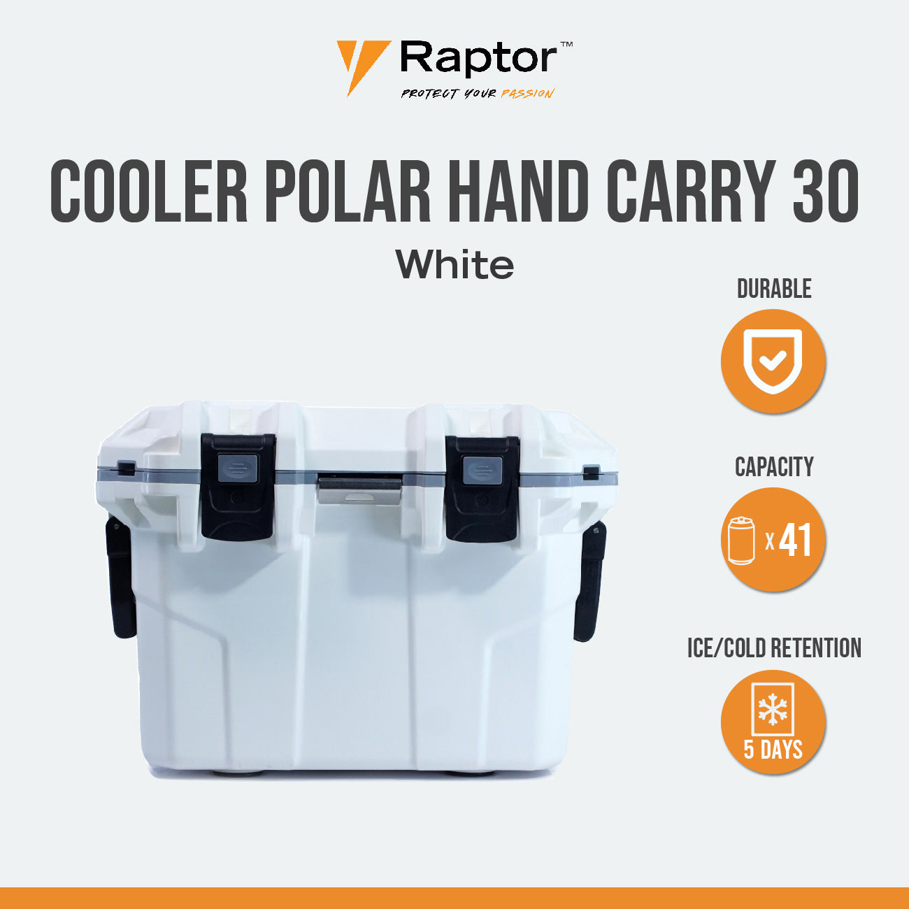 Raptor POLAR Series Cooler Hand Carry Multipurpose 30L Capacity Cold Storage Ice Box Food Container Chest Sloped Drain with Secure Plug Non-Skid Rubber Feet