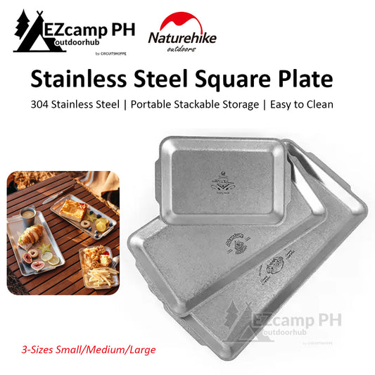 Naturehike 304 Stainless Steel Square Dish Tray Plate Tableware Outdoor Picnic BBQ Camping Portable Stackable Food Dinnerware Small Medium Large