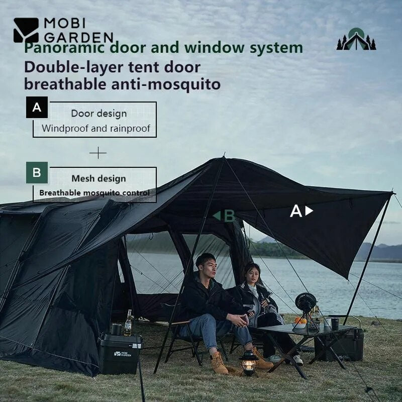 Mobi Garden RANGE ROVER Series 4 Rods Black Tunnel Type Camping Tent 23.1m² Extra Large Space for 8-10 Person up to 2 Bedrooms and 1 Living Room Waterproof Windproof Aviation Pre-Bended Aluminum Poles Outdoor Glamping Luxury Mobigarden LANSHENG