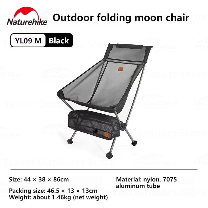 Naturehike Black Mesh Version Camping Portable Folding Moon Chair Ultralight Breathable Folding Aluminum Alloy 120kg Load Tear Resistance YL08 YL09