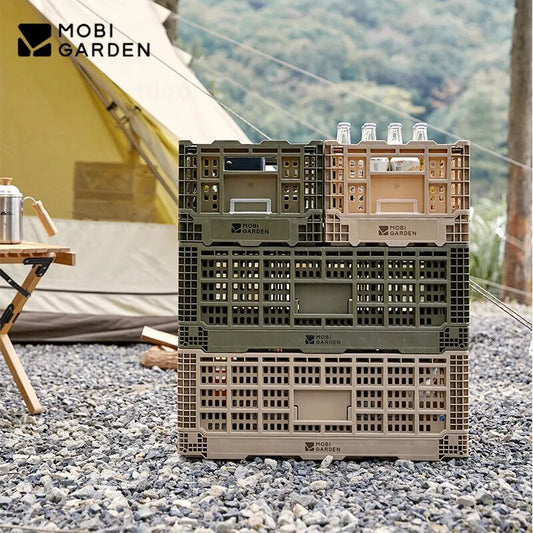 Mobi Garden Stackable Folding Basket Tray Collapsible Outdoor Camping Portable Storage Container 18/40L Small Large PP Food Grade Material Camp Kitchen Organizer Foldable Box Crate Mobigarden