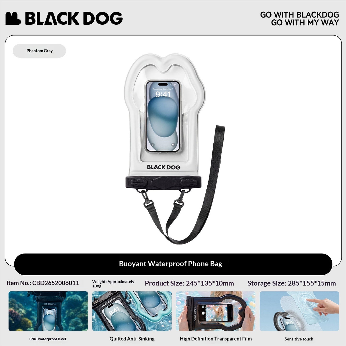 BLACKDOG Bouyant Waterproof Phone Bag Touchscreen Swimming Cover Rafting Gear Pouch PVC Bionic Sensing IPX8 High Definition Transparent Film Outdoor