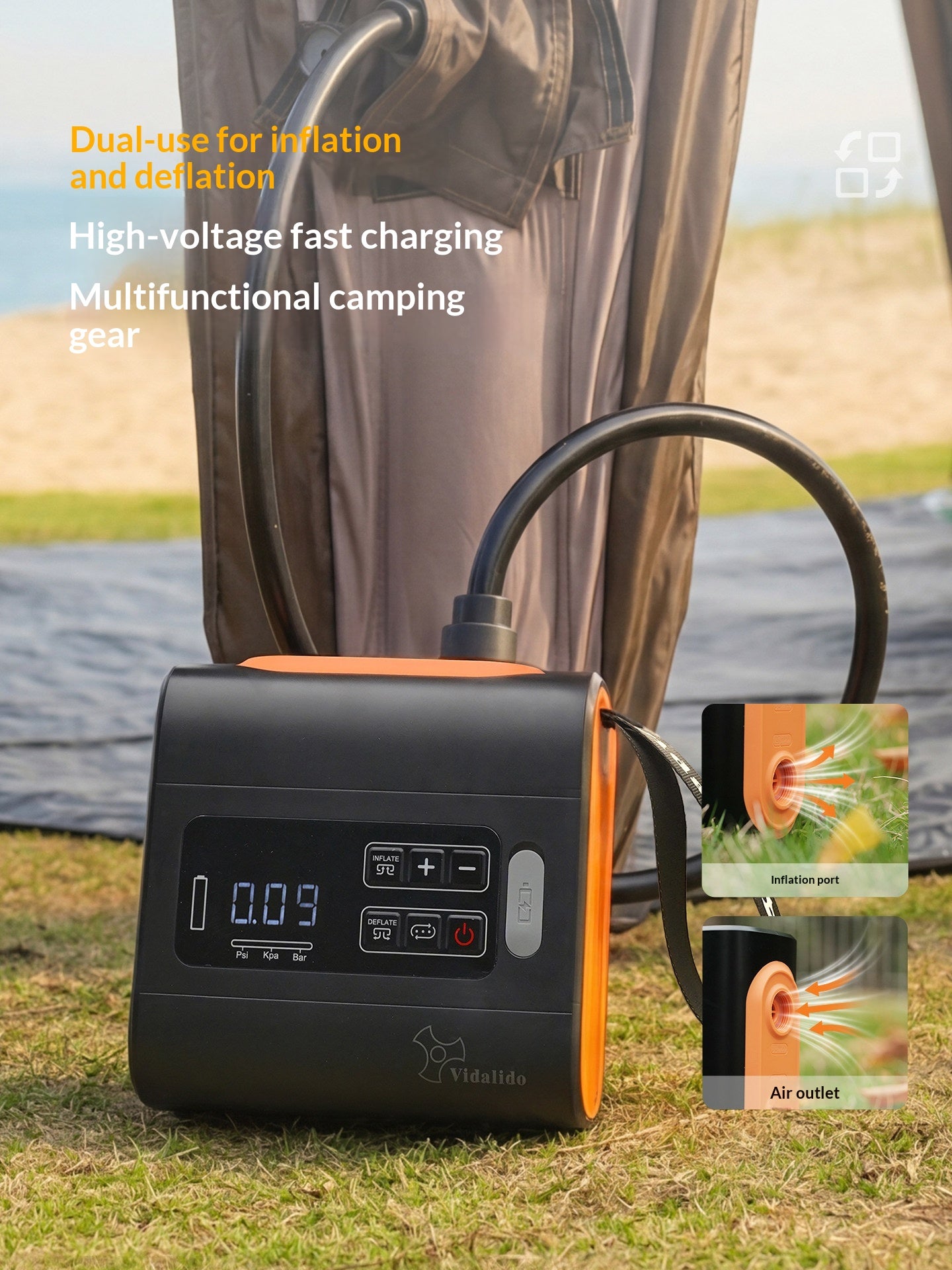 Vidalido Smart High Pressure Air Pump Portable Lightweight Automatic Inflation & Deflation Electric Air Pump Fast Charging 5000mAh Battery Outdoor Camping