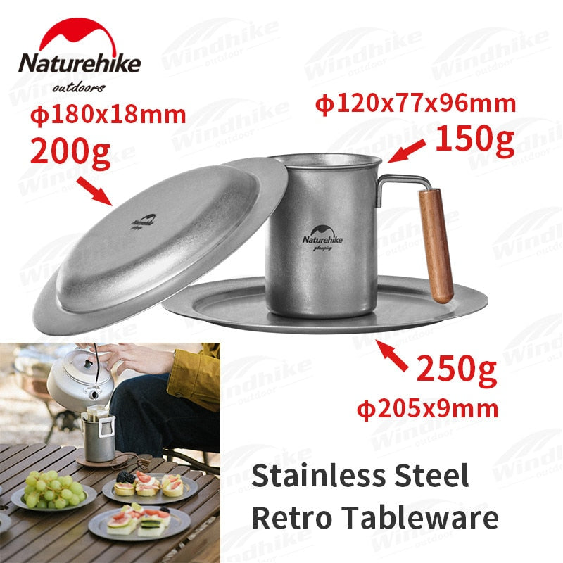 Naturehike Stainless Steel Tableware Outdoor Camping Retro Style Plate Dish Cup Mug Picnic BBQ Dining Utensil Coffee Tea Set Sen Xin