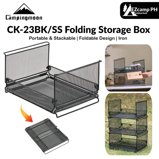 Campingmoon CK-23BK/SS Folding Storage Box Portable Stackable IGT Compatible Tray Storage Basket Camping Equipment Tool Kitchen Utensil Storage Grill Table Collapsible Mesh Net Container Half Door Open Steel Design