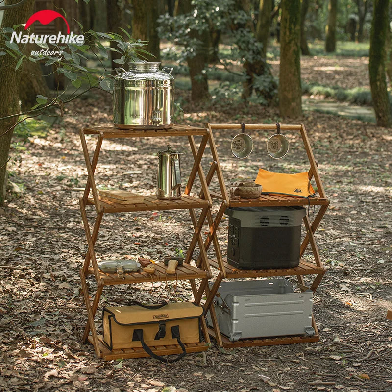 Naturehike Folding Storage Rack Outdoor Portable 3 to 4 Layer Shelf Wood Folding Table Camping Picnic BBQ Hiking Tableware Storage Nature Hike