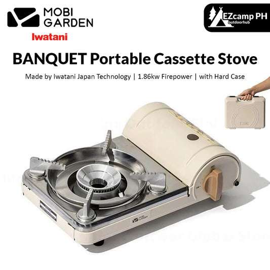 Mobi Garden x Iwatani BANQUET Portable Butane Gas Stove Cassette Standard Nozzle Canister Camping Mini Burner 1.86kw Firepower Outdoor Heavy Duty Cooking Equipment with Hard Case Storage Mobigarden