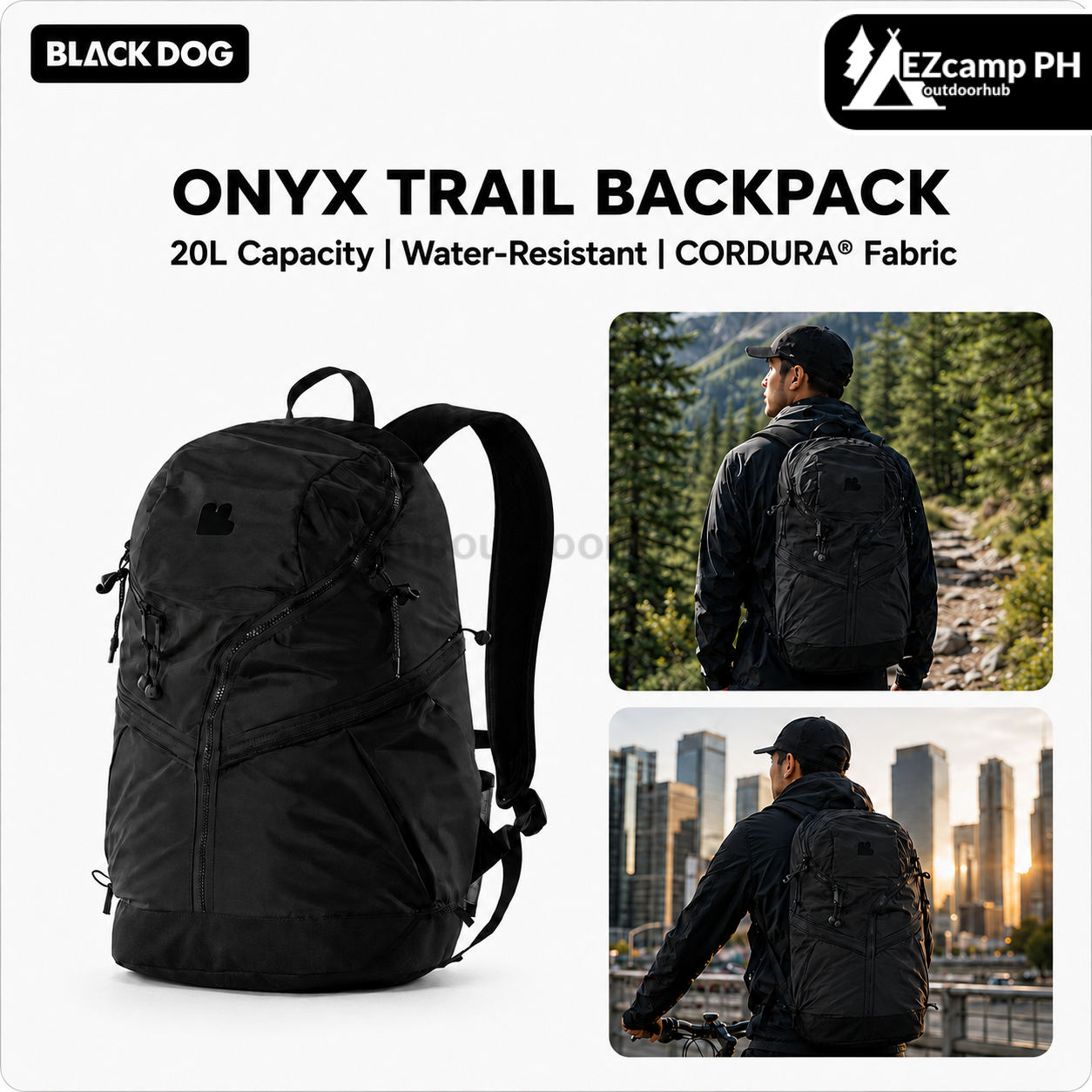BLACKDOG ONYX TRAIL Backpack Lightweight Black 20L Water-Resistant Backpack Durable CORDURA Fabric Multi-Compartment Travel Hiking Camping Daypack
