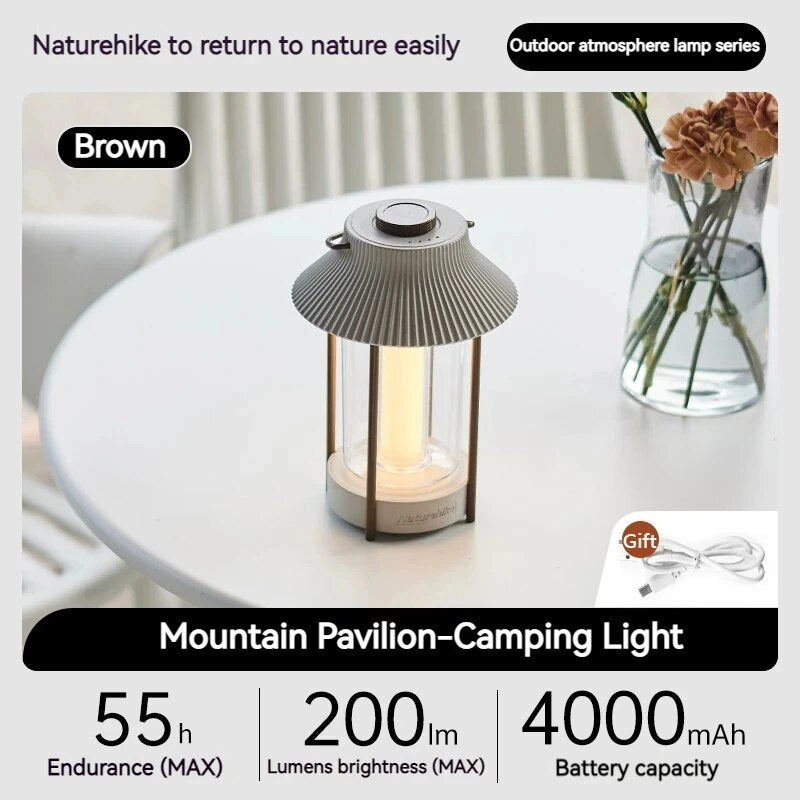 Naturehike MOUNTAIN PAVILLION Outdoor LED Lantern Light Camping Atmosphere Ambient Lighting IPX4 Waterproof 20-200 Lumens USB C Charging 4000mAh Battery up to 55H Lamp Warm White Nature Hike