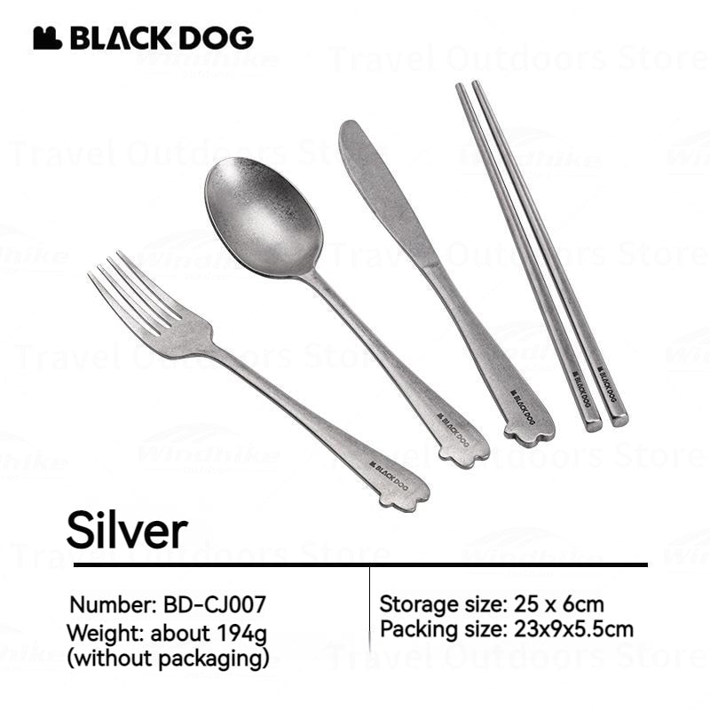 BLACKDOG Retro Style Utensil Set Portable Ultralight 304 Stainless Steel 4 In 1 Spoon Fork Knife Chopsticks With Black Storage Bag Cutlery Set Tableware Dining Camping Hiking Picnic Beach Travel Heavy Duty Original Black Dog