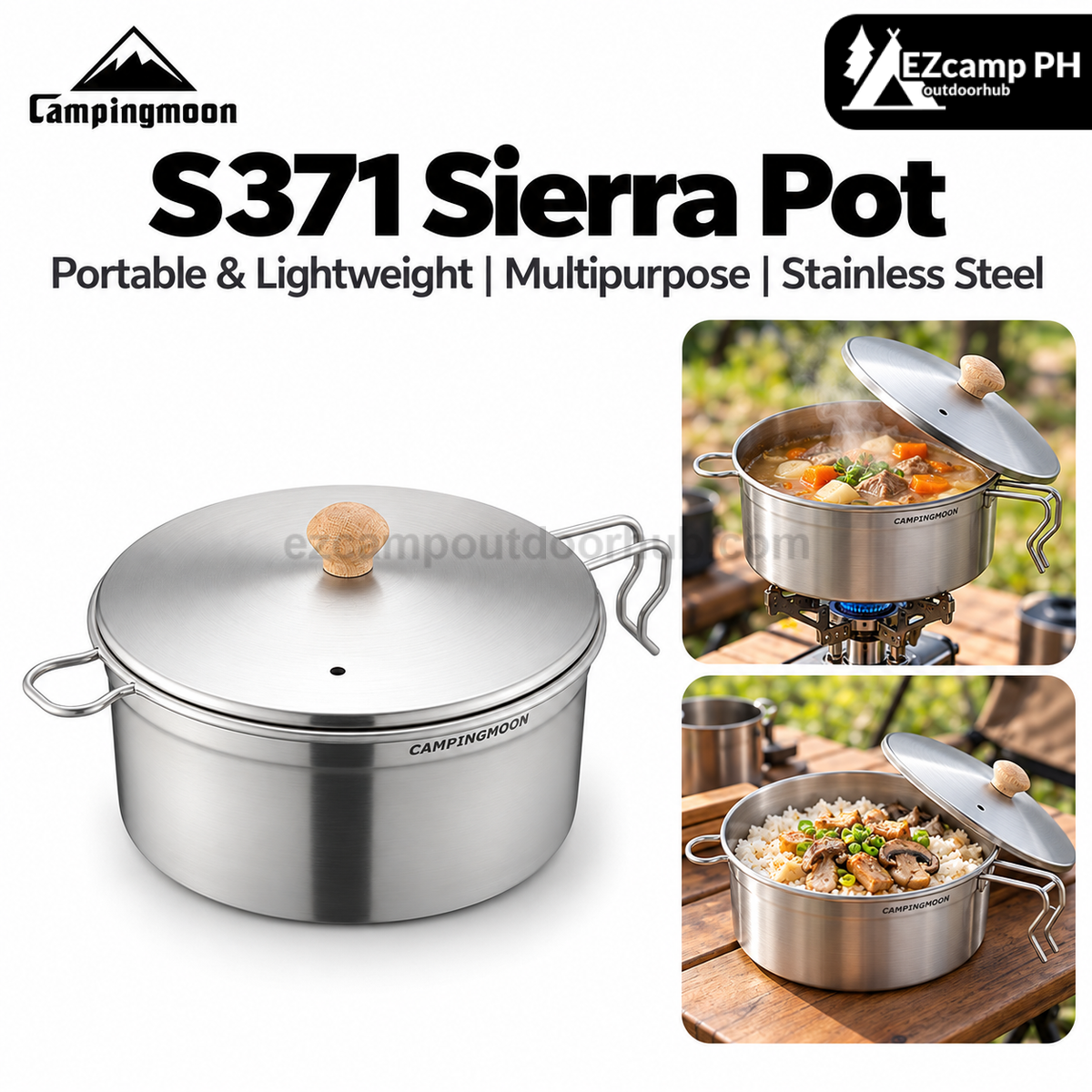 Campingmoon S371 Sierra Pot 304 Stainless Steel Portable Cooking with Lid Outdoor Camping Cookware