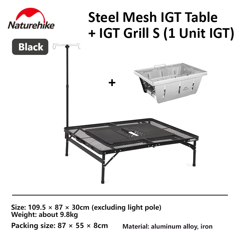 Naturehike Steel Mesh Adjustable 3-Unit IGT Table Portable Ultralight Folding Aluminum Black Outdoor Camping Picnic BBQ Grill Stove with Lamp Pole