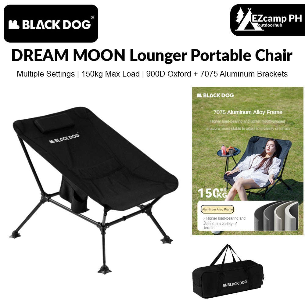 BLACKDOG DREAM MOON Black Lounger Portable Chair Outdoor Camping Ultralight Heavy Duty Reclining Relax Lounging Foldable Chair up to 150kg Max Load