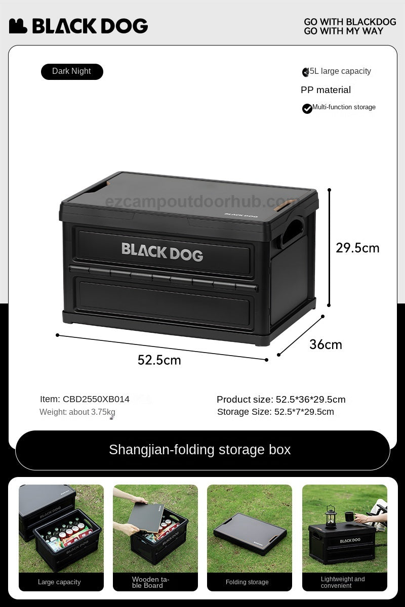 Blackdog PP Folding Storage Box Portable Foldable Multipurpose 23/45L Collapsible Black Storage Container With Wood Table Board Outdoor Camping