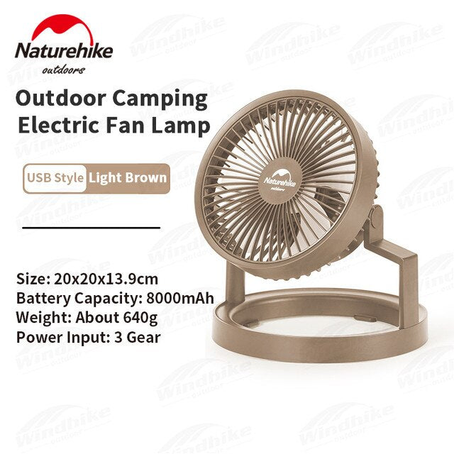 Naturehike Camping Fan Lights Outdoor Portable USB Charging Electric Cooling Fan 8000mAh Rechargeable Battery with LED Ring Hanging Tent Lantern Lamp