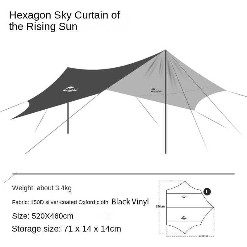 Naturehike Outdoor Medium | Large Canopy Awning Tarp with 2 Poles Camping Glamping Sun Shade Rain Fly Tent Shelter UPF50+ Camp Portable Rising Sun Hexagon 150D Windproof Waterproof Nature Hike