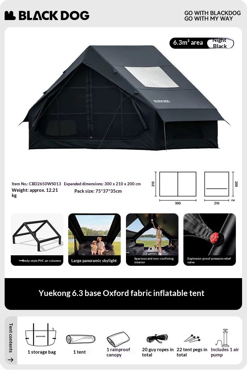 BLACKDOG MOON SKY 6.3 PRO Black Inflatable Spacious Family Tent 4-6 Persons Rainproof and Sunproof Overnight Oxford Cloth Outdoor Camping