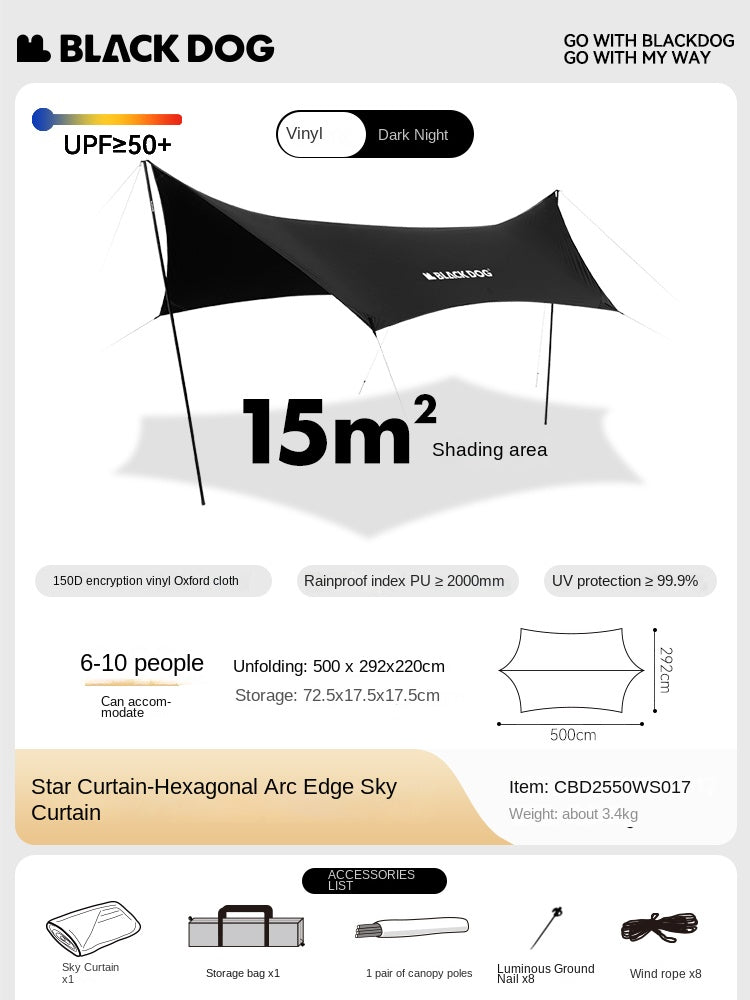 Blackdog TIMELESS Sky Curtain Black Canopy Tarp Awning Full Blackout Titanium Black Vinyl Coated Sunscreen Waterproof Outdoor Sunshade with 2 Poles