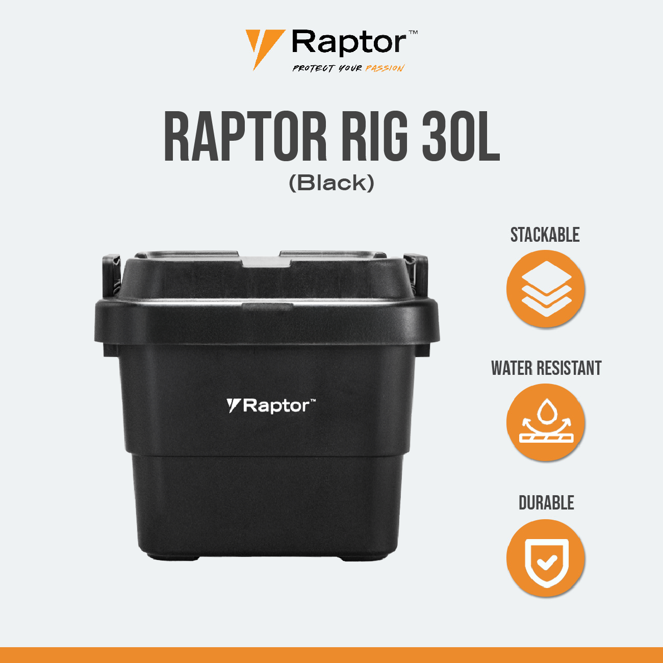 Raptor ROVER Series Storage Rig Box Multipurpose Organizer 30L 50L 70L Large Capacity Reinforced Grid Lid Stackable & Nesting Design Wood Tabletop