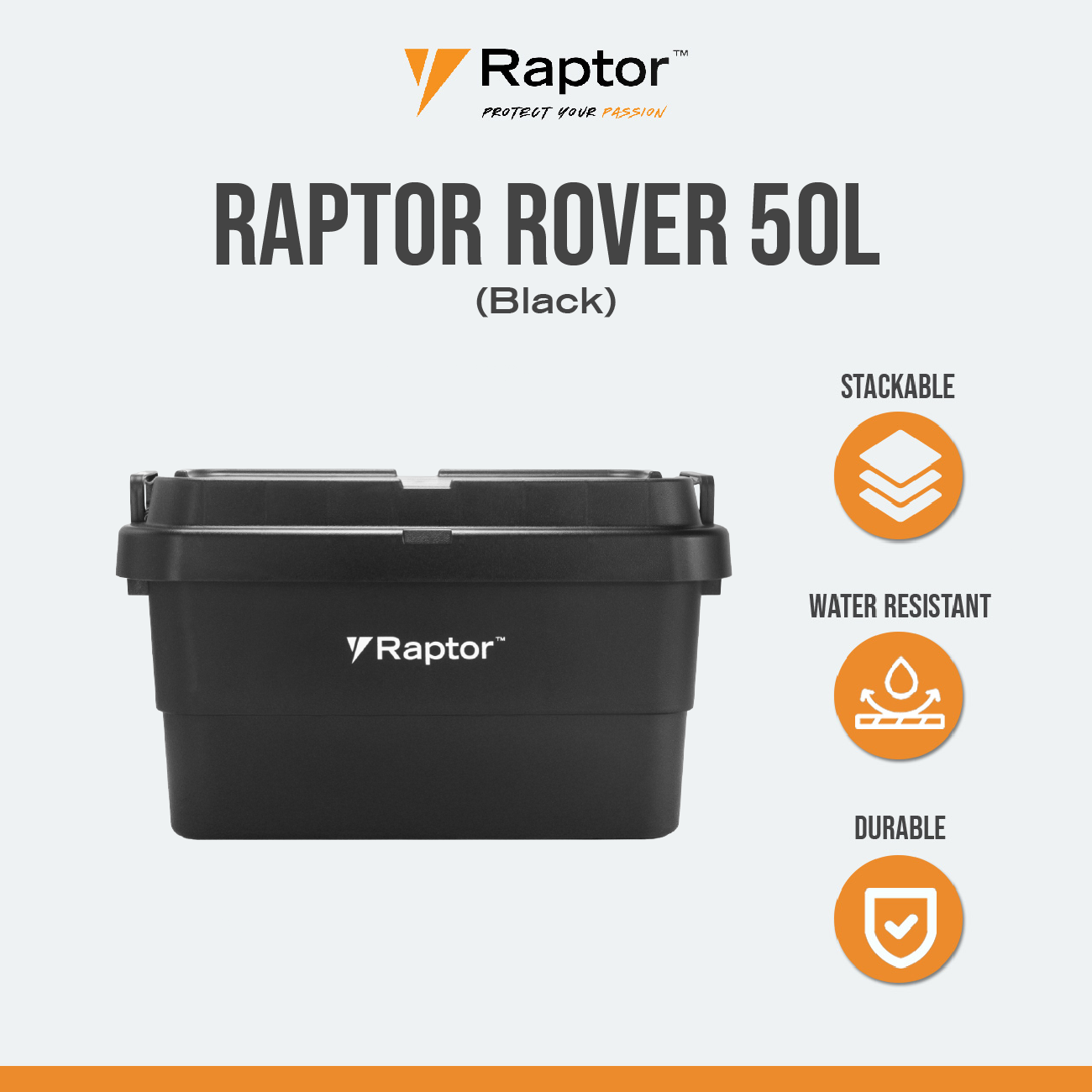 Raptor ROVER Series Storage Rig Box Multipurpose Organizer 30L 50L 70L Large Capacity Reinforced Grid Lid Stackable & Nesting Design Wood Tabletop