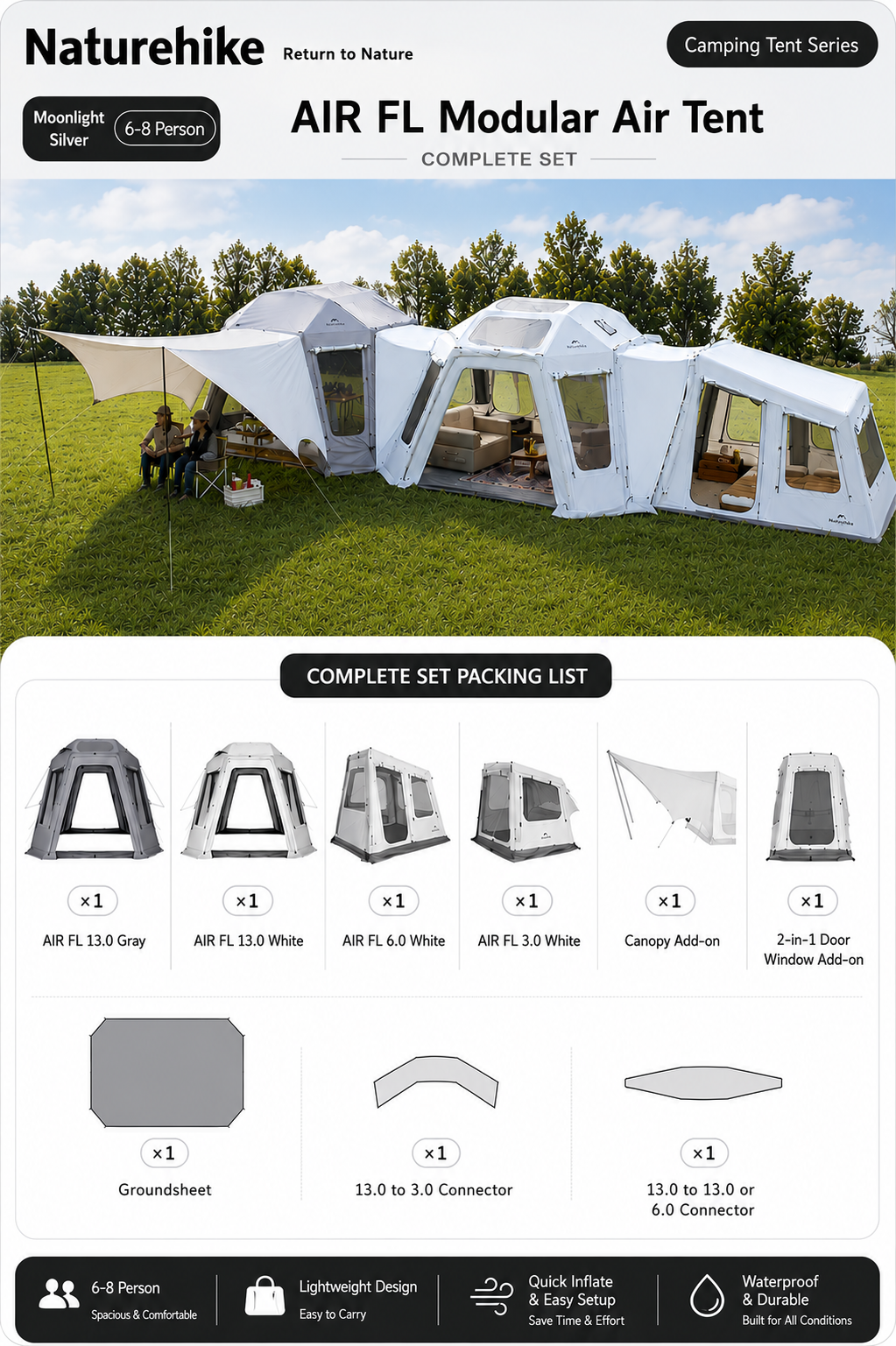 Naturehike 2026 AIR FL 13.0 / 6 0 / 3.0 Modular Tent Portable 6-8 Persons Air Inflatable Camping Tent Multiple Setups TPU Panoramic Sunroof Outdoor