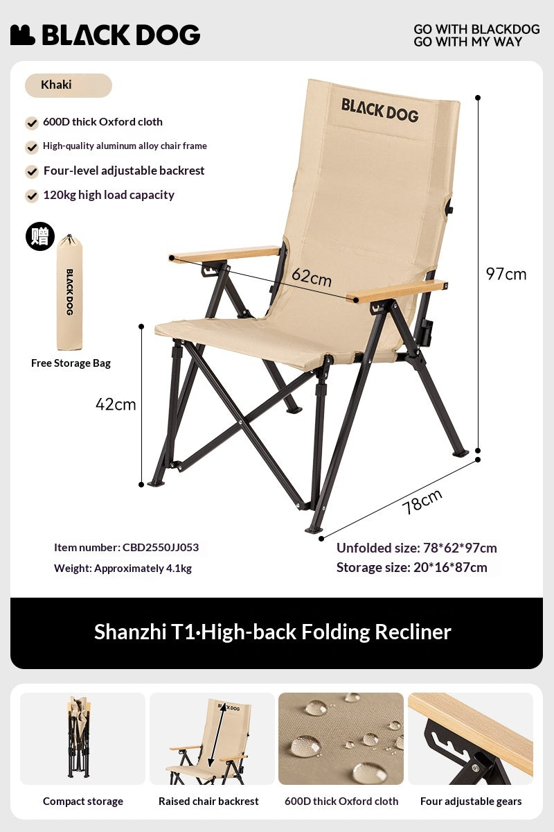 BLACKDOG High Back Folding Recliner Lounger Chair High Backrest Load Bearing 120kg Carbon or Aluminum Steel Wood Armchair 4 Adjustable Outdoor Camping